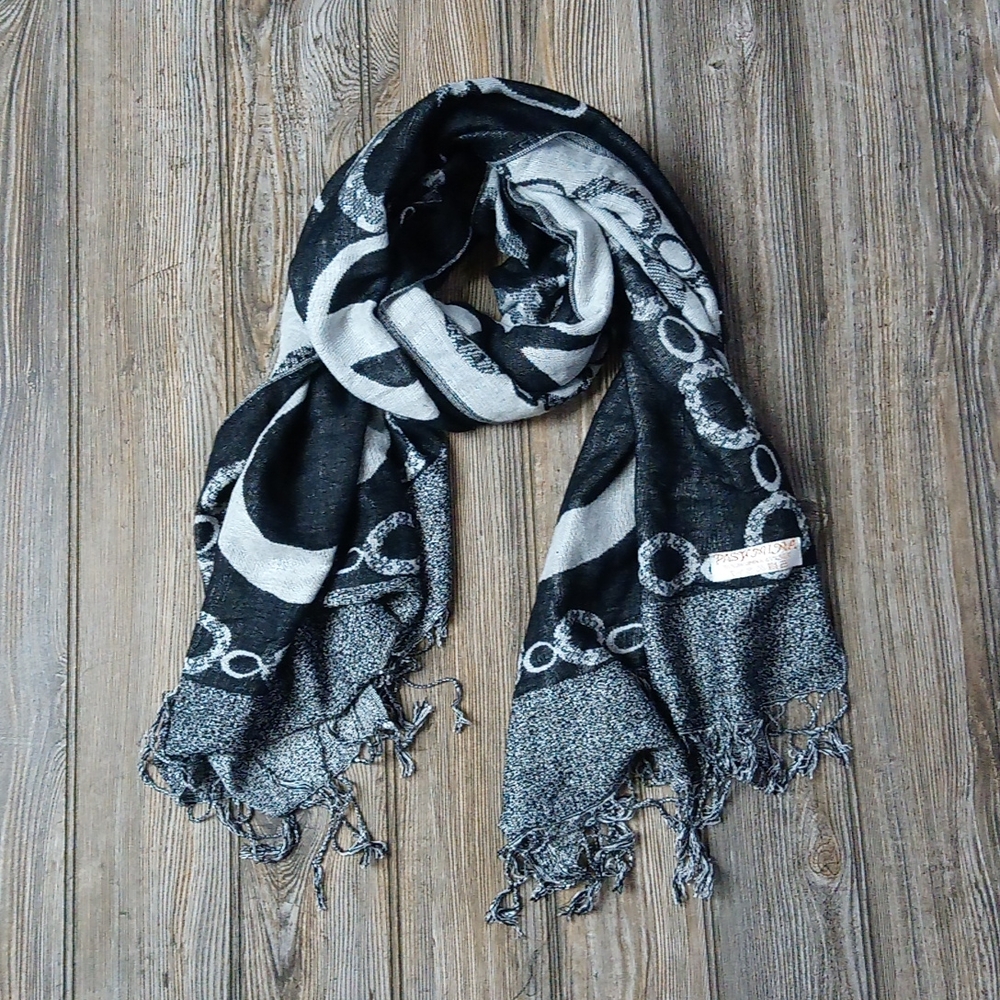 Pashmina Silk Patterned Reversible Long Knit Fringe Scarf